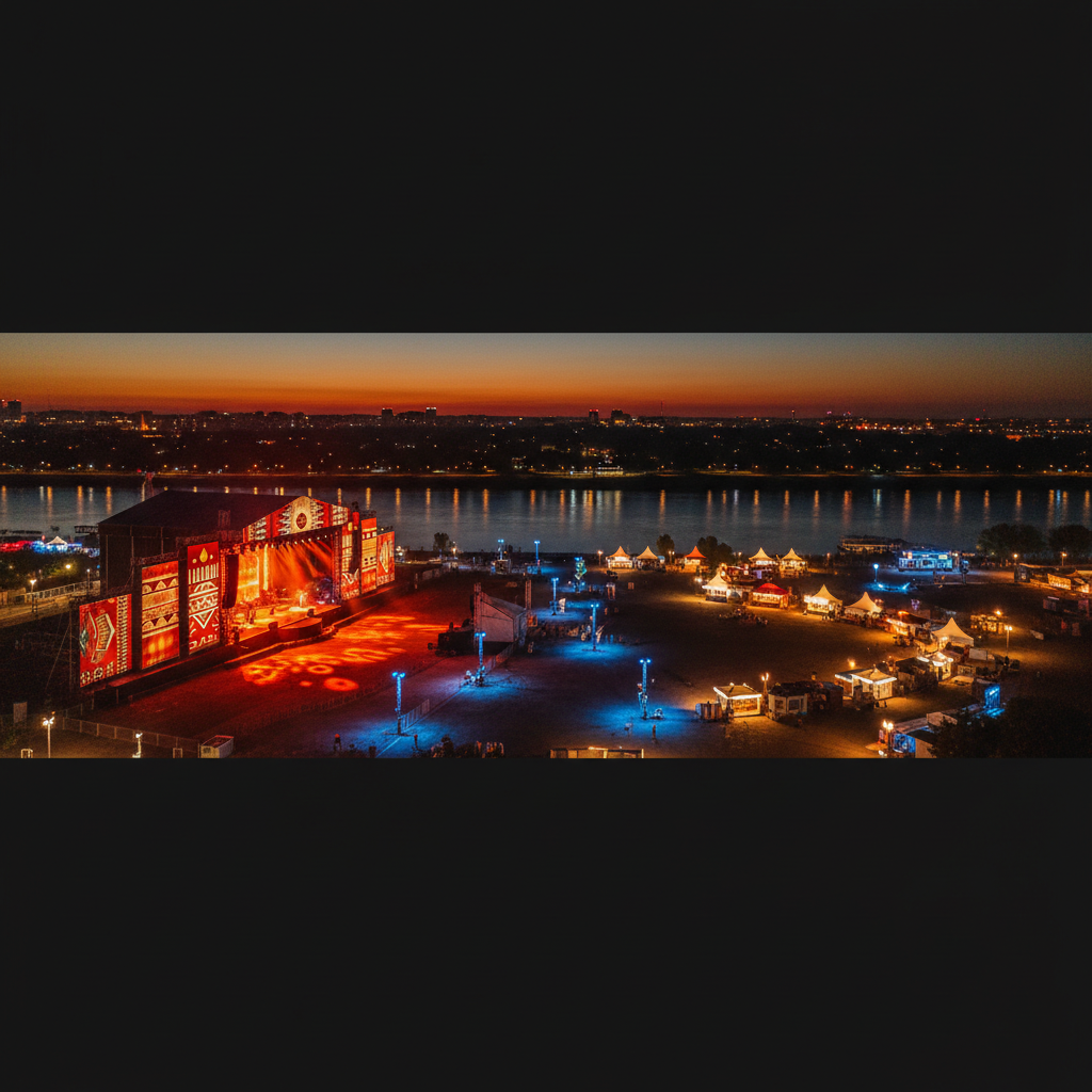 A wide, panoramic photographic scene of a riverside Angojazz night festival, viewed from an elevated perspective with no human figures. The main stage glows in fiery oranges and reds on one side, with intricate African pattern-inspired light projections dancing across towering backdrop panels. On the opposite bank, reflections of multicolored lights ripple across dark water, mirroring the visual rhythm of the music. Clusters of small, illuminated kiosks form a semi-circle around the venue, subtly suggesting food, cultural exhibits, and contact points. Cool blue accent lights trace pathways, guiding visitors. The lighting mixes golden hour remnants with deep night spotlights, creating a bold, celebratory atmosphere. Composition emphasizes sweeping depth, with sharp detail in the foreground structures and a slightly softer, atmospheric haze over the distant skyline.