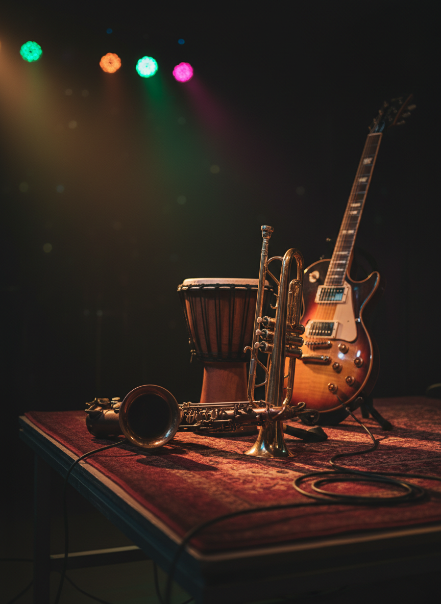 A close-up, cinematic shot of an intricately arranged set of Afro-jazz instruments on a small side stage at Angojazz. A glossy, deep-brown wooden saxophone, polished brass trumpet, carved djembe, and a sunburst electric guitar rest on a rich, wine-colored velvet rug, cables snaking toward unseen speakers. Behind them, a blurred backdrop of colorful stage lights in green, amber, and magenta forms soft bokeh orbs. Side lighting from a warm spotlight creates sharp highlights on metal surfaces and long, dramatic shadows. Photographic realism, shot at a low angle with shallow depth of field, captures a bold, intimate mood that suggests live performances, artist lineup variety, and the rhythmic heart of the festival.