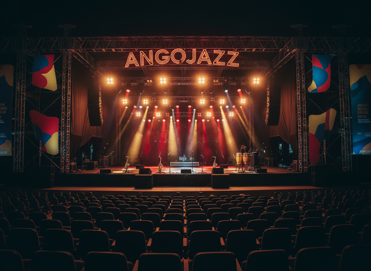 A dramatic nighttime outdoor jazz festival stage dedicated to Angojazz, featuring an elaborate, empty main stage with sleek black flooring and towering light trusses. Rich red, gold, and deep indigo spotlights slice through a faint haze, forming bold geometric beams over an array of microphones, brass instruments on stands, and conga drums waiting in silence. In the foreground, rows of curved, empty seating suggest an awaiting crowd, while abstract banner shapes hint at festival dates and lineup info without readable text. Captured in photographic realism from a slightly low, wide-angle view, the composition emphasizes scale, energy, and anticipation, with a vivid, high-contrast color palette that feels bold and electrifying.