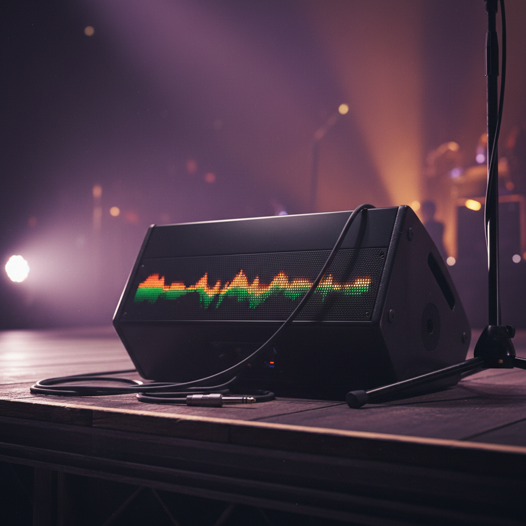 A moody, photographic close-up of a large, glossy black stage monitor speaker at Angojazz, positioned at the edge of a wooden performance platform. Vibrating equalizer lights glow in bright neon greens and oranges along the top panel, suggesting pulsing afro-jazz rhythms. Coiled instrument cables and a rugged microphone stand lie diagonally across the frame, while in the softly blurred background, a wash of saturated purple and amber stage lighting hints at a powerful live performance. The scene is lit by a single, intense side spotlight, creating hard-edged shadows and crisp reflections on the speaker’s textured grille. Shot from a low, almost ground-level angle, the atmosphere feels bold, immersive, and full of crowd energy without showing any people.