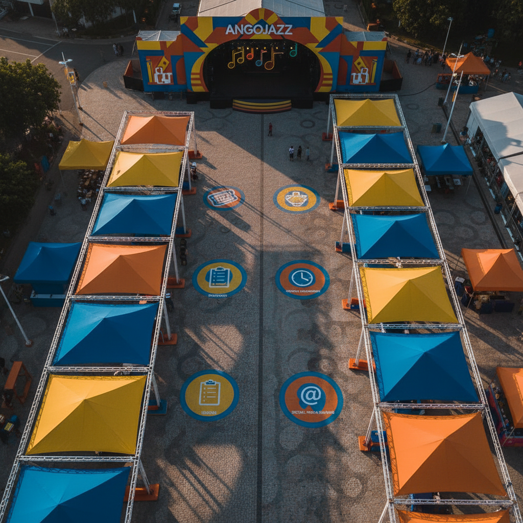 An overhead, photographic view of a vibrant outdoor festival plaza leading to the Angojazz main venue, designed without people. Brightly colored canopy structures in bold oranges, yellows, and deep blues create rhythmic patterns of shade across the ground. Under each canopy, distinct zones are marked by abstract icons indicating ticketing, registration, schedule information, and social media sharing points, all using graphic symbols instead of text. Warm late-afternoon sunlight casts long, dynamic shadows, emphasizing the geometry of tents and signage. The mood is energetic yet organized, with crisp, high-contrast clarity and sharp focus throughout. The composition uses strong leading lines from the walkway and canopy poles to pull the viewer’s eye toward the main stage entrance in the distance.
